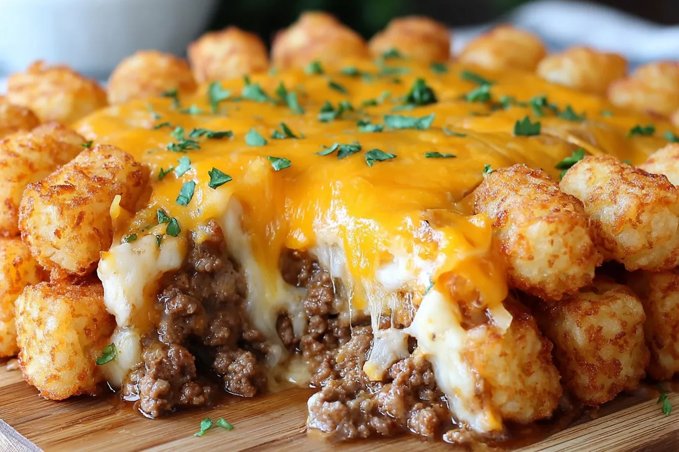 Tater Tot Casserole with Ground Beef topped with melted cheddar and sour cream