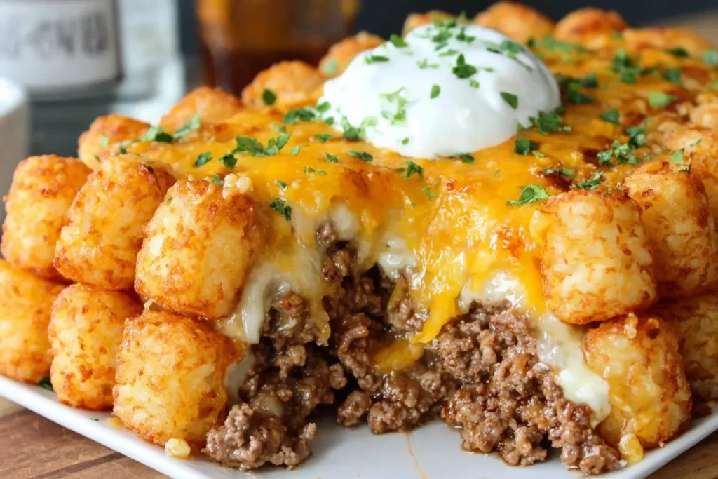 Tater Tot Casserole with Ground Beef sliced open showing cheesy layers