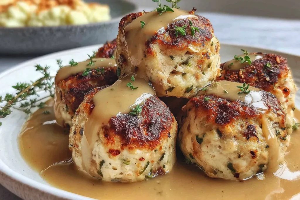 Turkey stuffing Balls stacked on a plate with gravy and fresh herbs