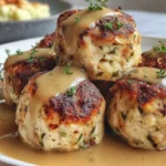 Turkey stuffing Balls stacked on a plate with gravy and fresh herbs