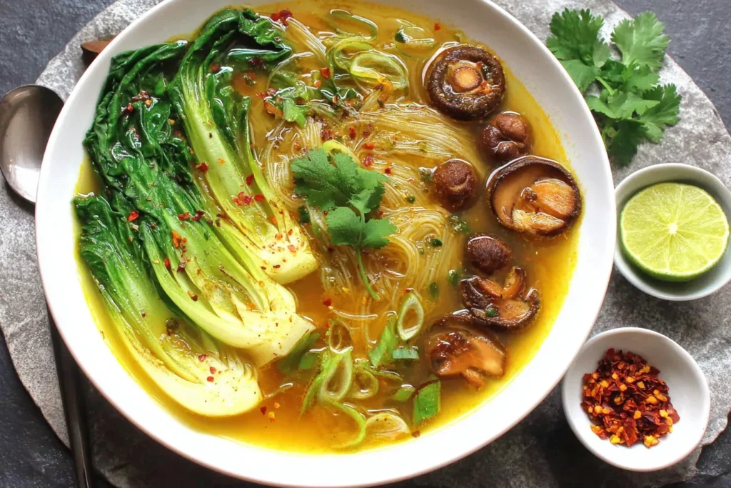 Winter Warmer Soup with bok choy, mushrooms, rice noodles, and turmeric ginger broth