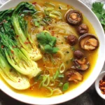 Winter Warmer Soup with bok choy, mushrooms, rice noodles, and turmeric ginger broth