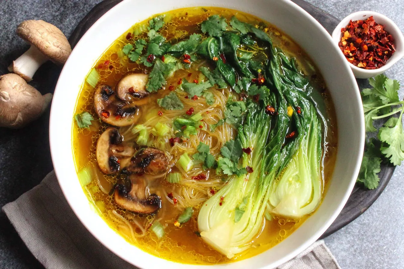 Winter Warmer Soup served with rice noodles, mushrooms, bok choy, cilantro, and chili flakes