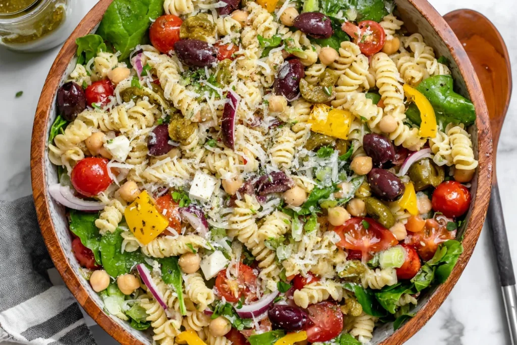 Italian Pasta Salad in a rustic bowl with fusilli, chickpeas, cherry tomatoes, spinach, kalamata olives, pepperoncini, and shaved Parmesan