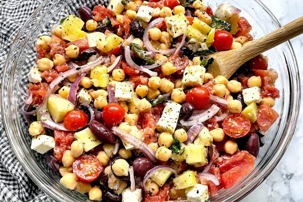 Italian Chickpea Salad in a large glass bowl with chickpeas, cherry tomatoes, olives, red onion, pepperoncini, and cubes of provolone tossed in vinaigrette.
