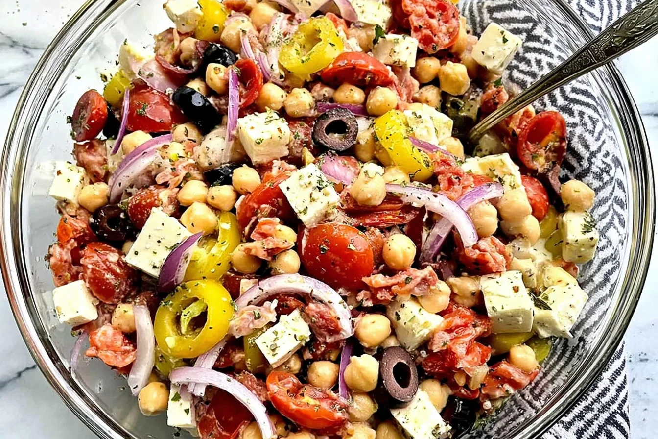 Italian Chickpea Salad in a glass bowl with chickpeas, provolone cubes, salami, black olives, pepperoncini, red onion, and tomatoes.