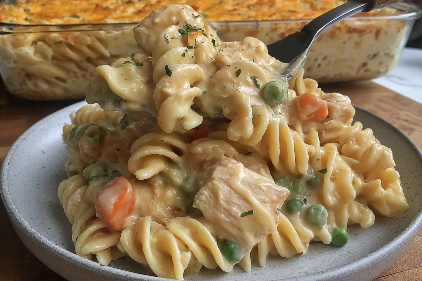Creamy Chicken Pot Pie Pasta Bake with rotini, tender chicken, peas, and carrots in a rich creamy sauce, topped with a golden baked crust.