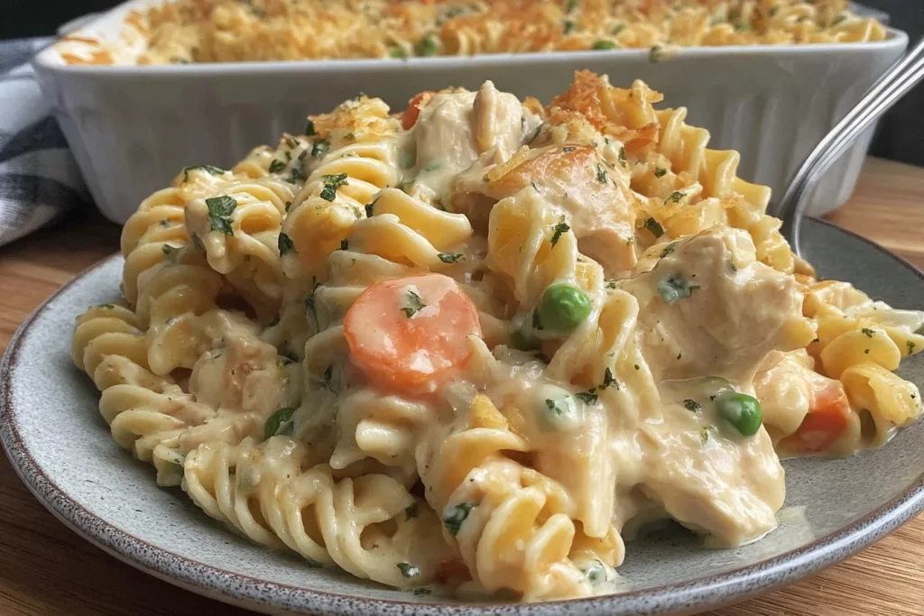 Creamy Chicken Pot Pie Pasta Bake served on a plate with rotini, juicy chicken, peas, and carrots in a thick creamy sauce with a crispy golden topping.