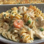 Creamy Chicken Pot Pie Pasta Bake served on a plate with rotini, juicy chicken, peas, and carrots in a thick creamy sauce with a crispy golden topping.
