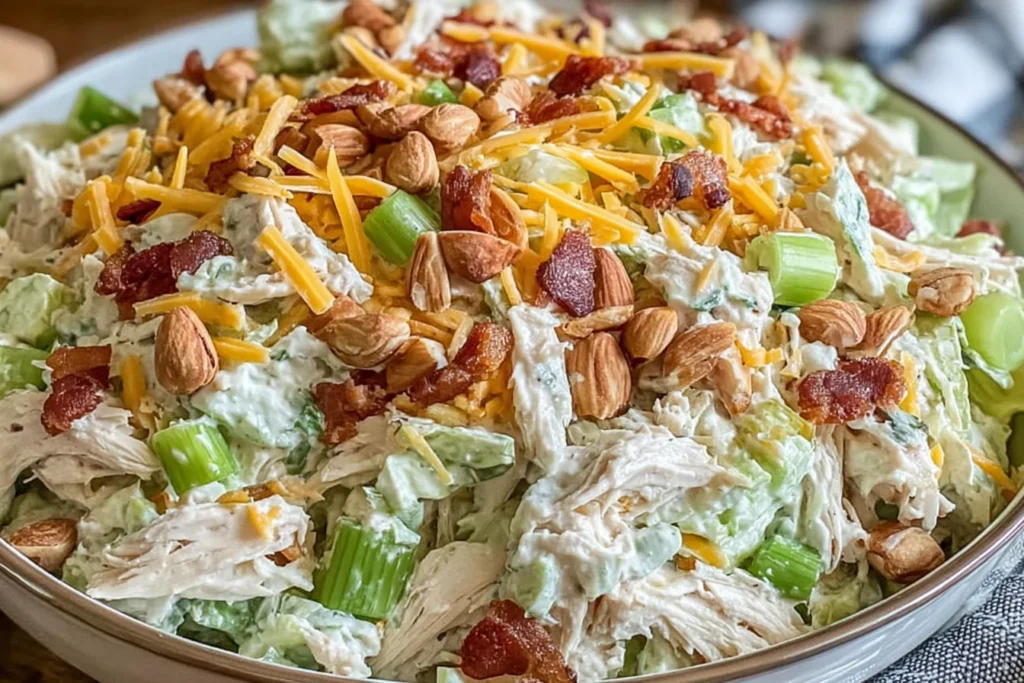 Million Dollar Chicken Salad piled in a bowl with shredded chicken, crisp celery, sharp cheddar, bacon bits, and toasted almonds.