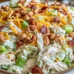 Million Dollar Chicken Salad piled in a bowl with shredded chicken, crisp celery, sharp cheddar, bacon bits, and toasted almonds.