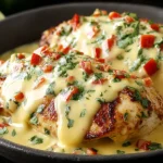 Mexican Chicken with Cheese Sauce topped with diced tomatoes and cilantro in a skillet, creamy cheddar sauce drizzled over golden pan-seared chicken.