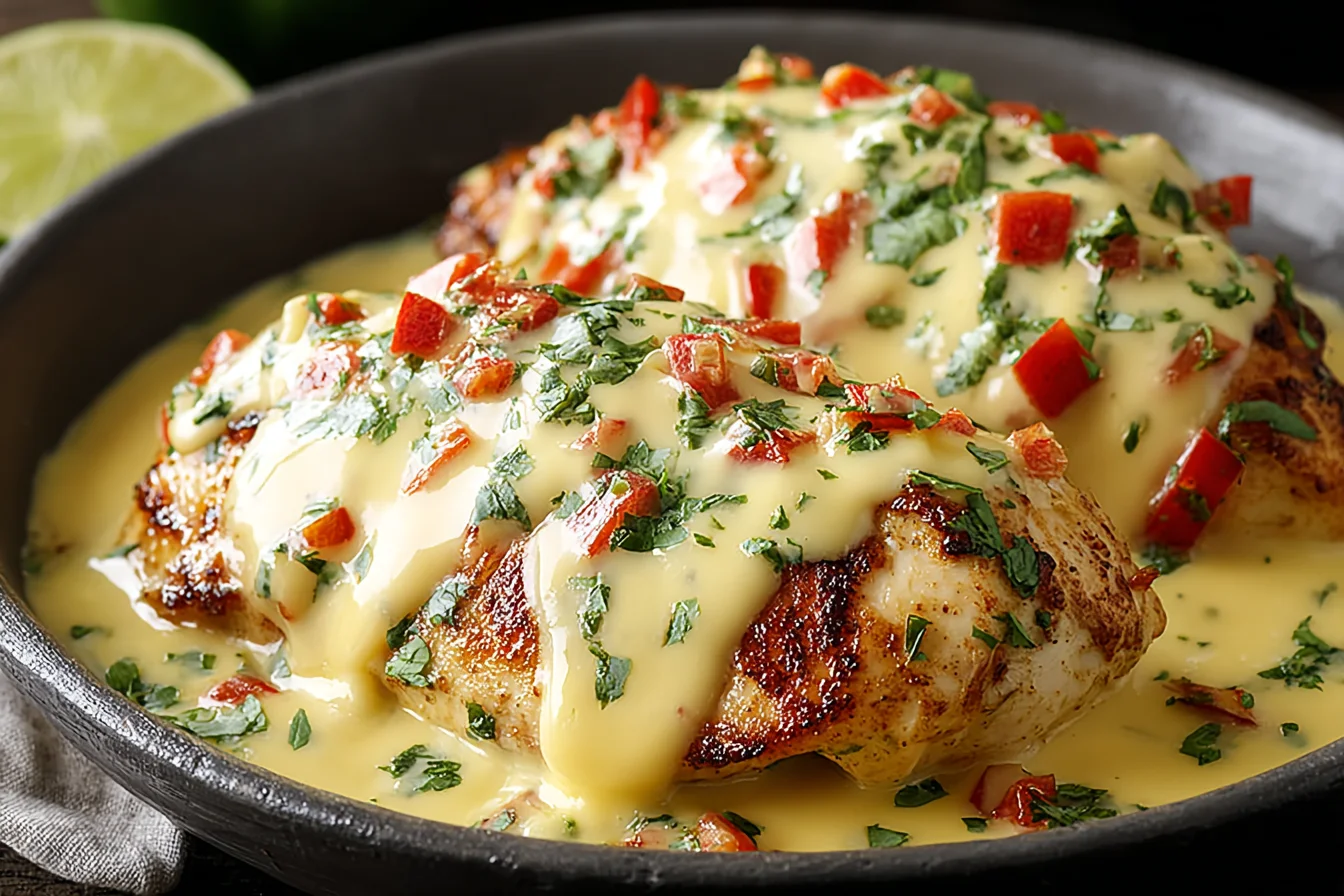 Mexican Chicken with Cheese Sauce topped with diced tomatoes and cilantro in a skillet, creamy cheddar sauce drizzled over golden pan-seared chicken.