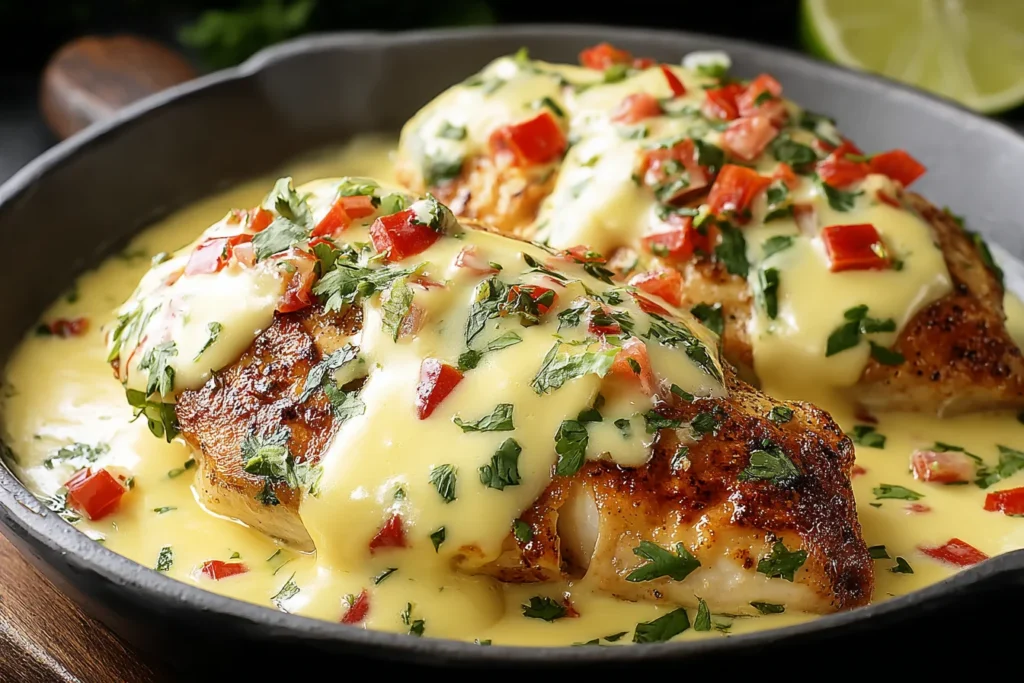 Mexican Chicken with Cheese Sauce in a cast-iron skillet, pan-seared chicken breasts smothered in creamy cheddar sauce with tomatoes and cilantro.