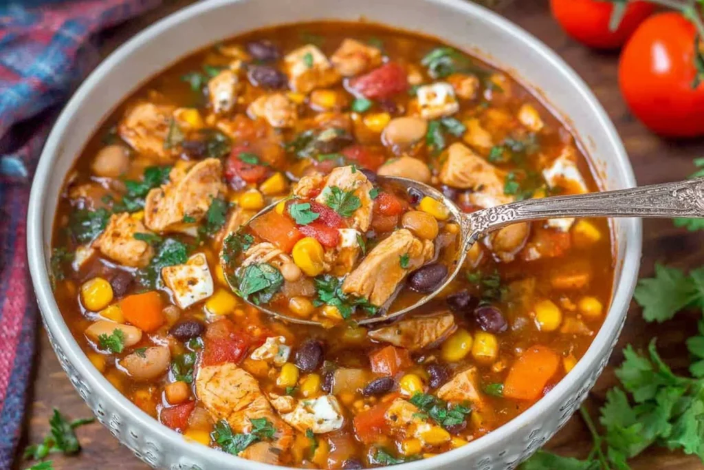 BBQ Chicken Soup close-up with chicken pieces, beans, corn, tomatoes, and fresh herbs in a white bowl, with a spoonful lifted.
