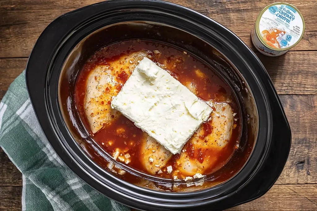 Crock pot Sweet Chili Chicken ingredients in a slow cooker—chicken breasts in sweet chili sauce with a block of cream cheese on top before cooking.