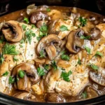 Creamy Crockpot Chicken Marsala with sliced mushrooms and parsley in a rich Marsala wine sauce inside a slow cooker.