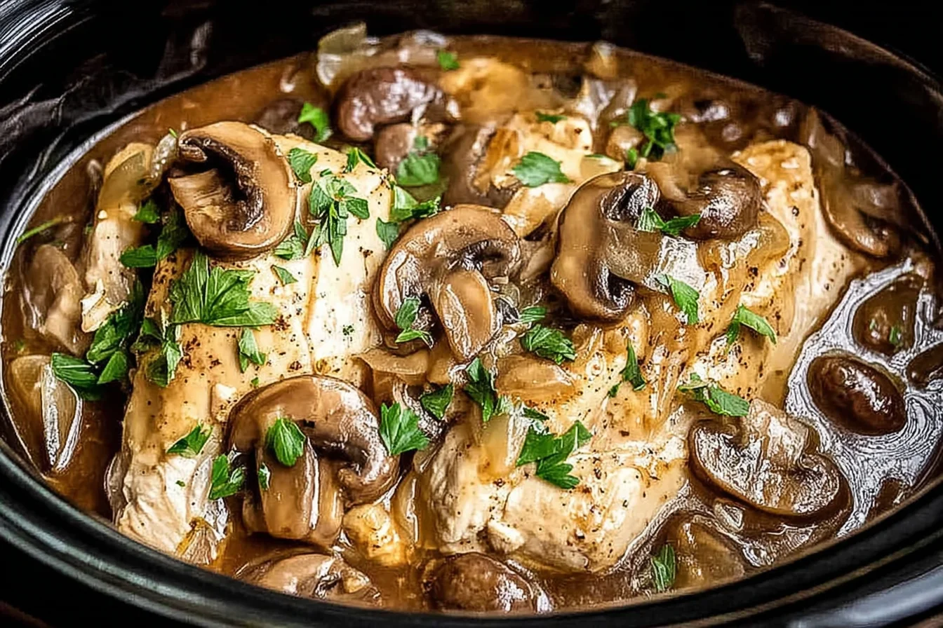 Creamy Crockpot Chicken Marsala with sliced mushrooms and parsley in a rich Marsala wine sauce inside a slow cooker.