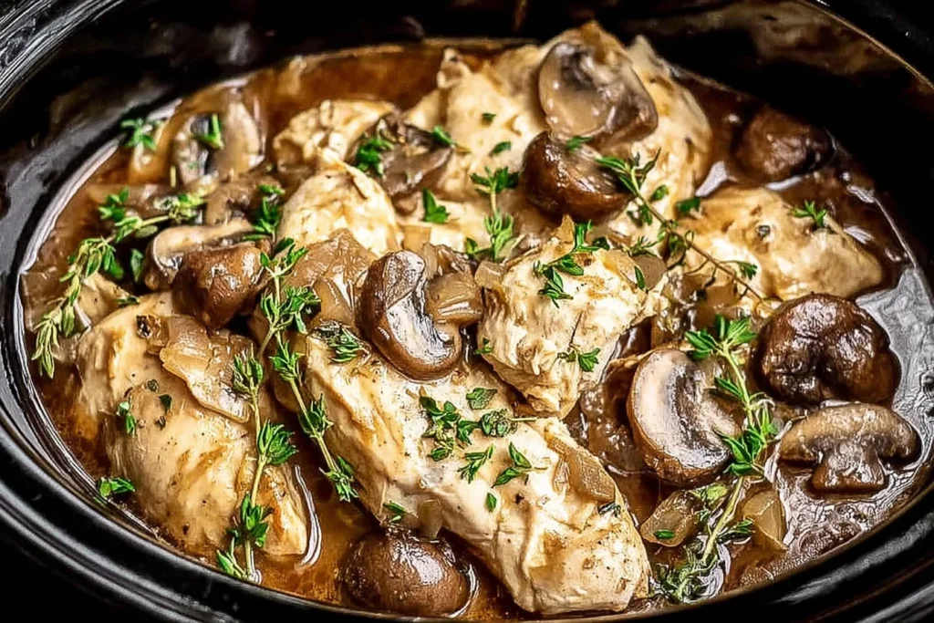 Crockpot Chicken Marsala with tender chicken breasts, mushrooms, and herbs simmered in a rich Marsala wine sauce in the slow cooker.