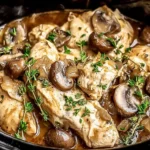 Crockpot Chicken Marsala with tender chicken breasts, mushrooms, and herbs simmered in a rich Marsala wine sauce in the slow cooker.