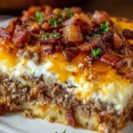 Low Carb Bacon Cheeseburger Casserole slice with gooey cheddar, creamy topping, and crispy bacon on a white plate.