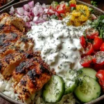 Greek Chicken Gyro Bowls with grilled marinated chicken, fluffy rice, cucumber, cherry tomatoes, red onion, and creamy tzatziki sauce.