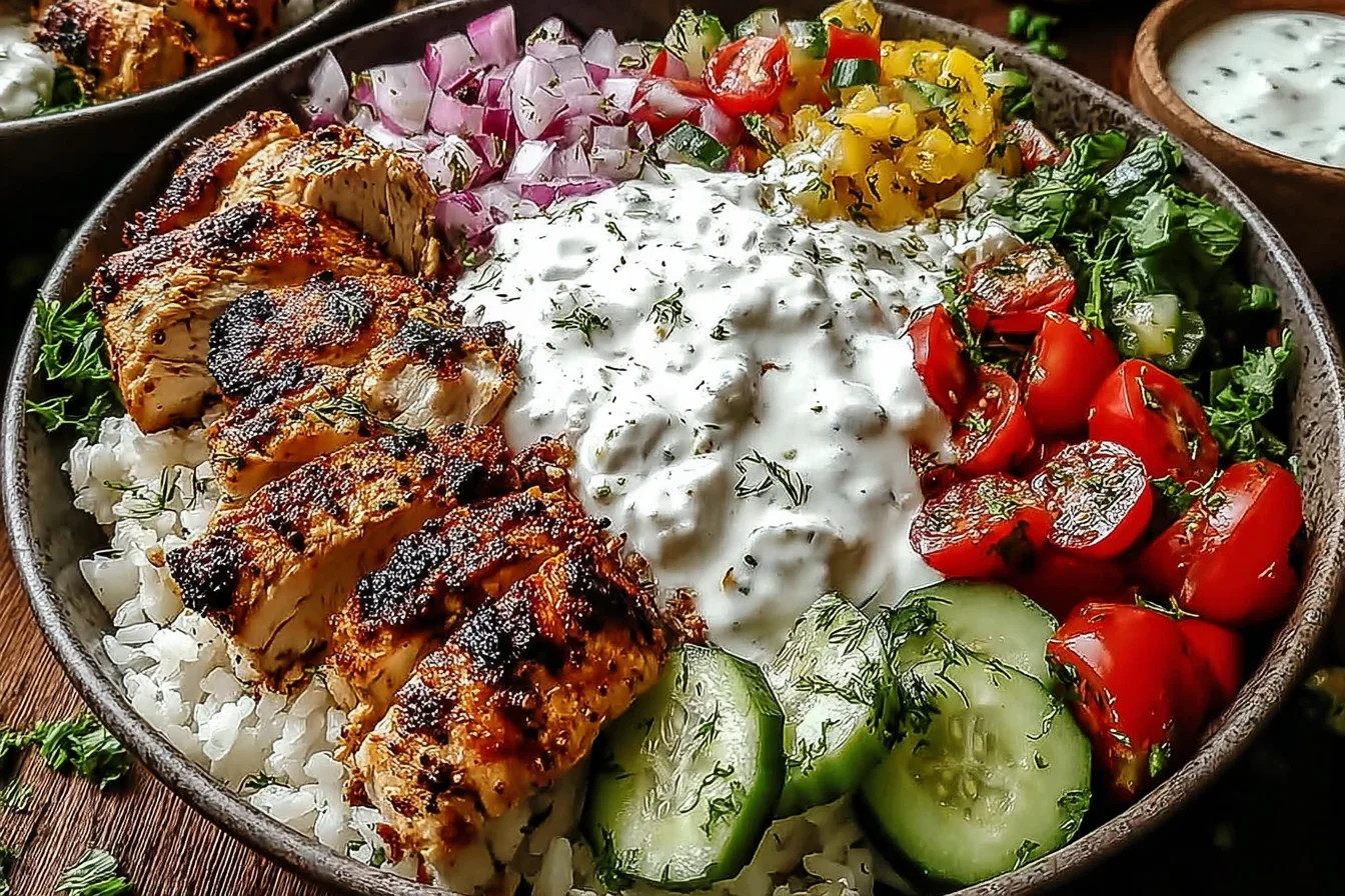 Greek Chicken Gyro Bowls with grilled marinated chicken, fluffy rice, cucumber, cherry tomatoes, red onion, and creamy tzatziki sauce.