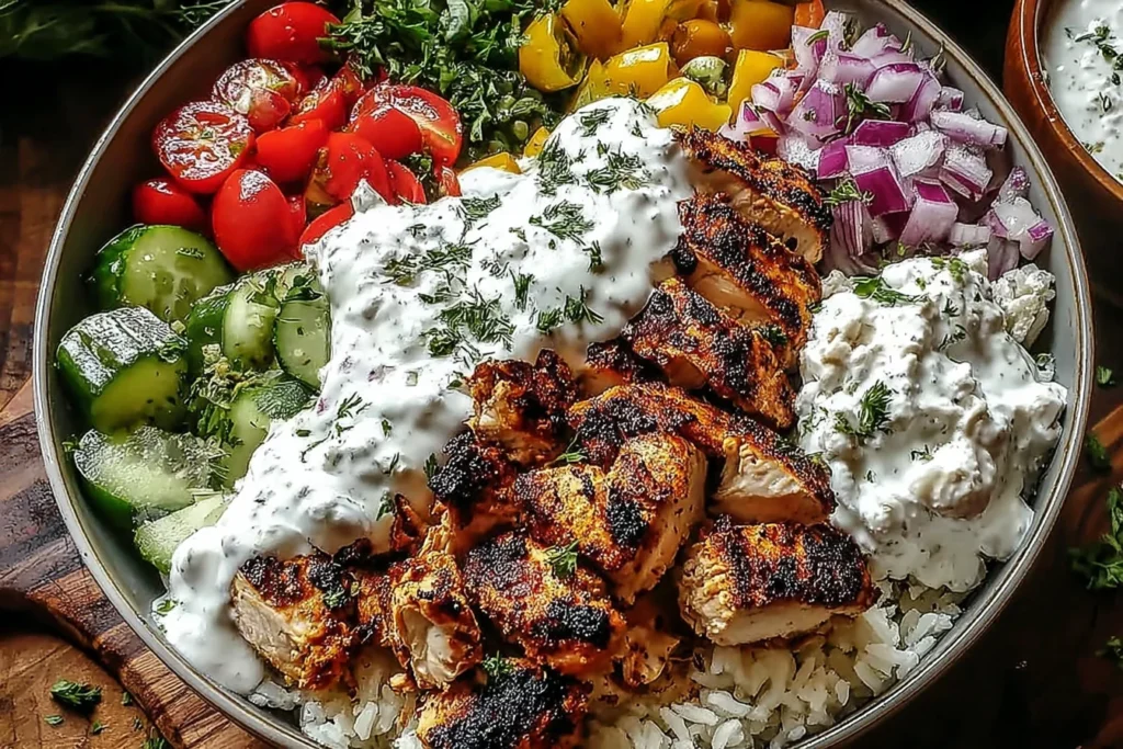 Greek Chicken Gyro Bowls topped with char-grilled chicken, rice, cucumbers, tomatoes, red onion, and creamy tzatziki with herbs.