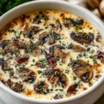 Creamy Cottage Cheese Mushroom Soup in a white bowl, topped with sautéed mushrooms, herbs, and a hint of seasoning for a cozy homemade dinner.