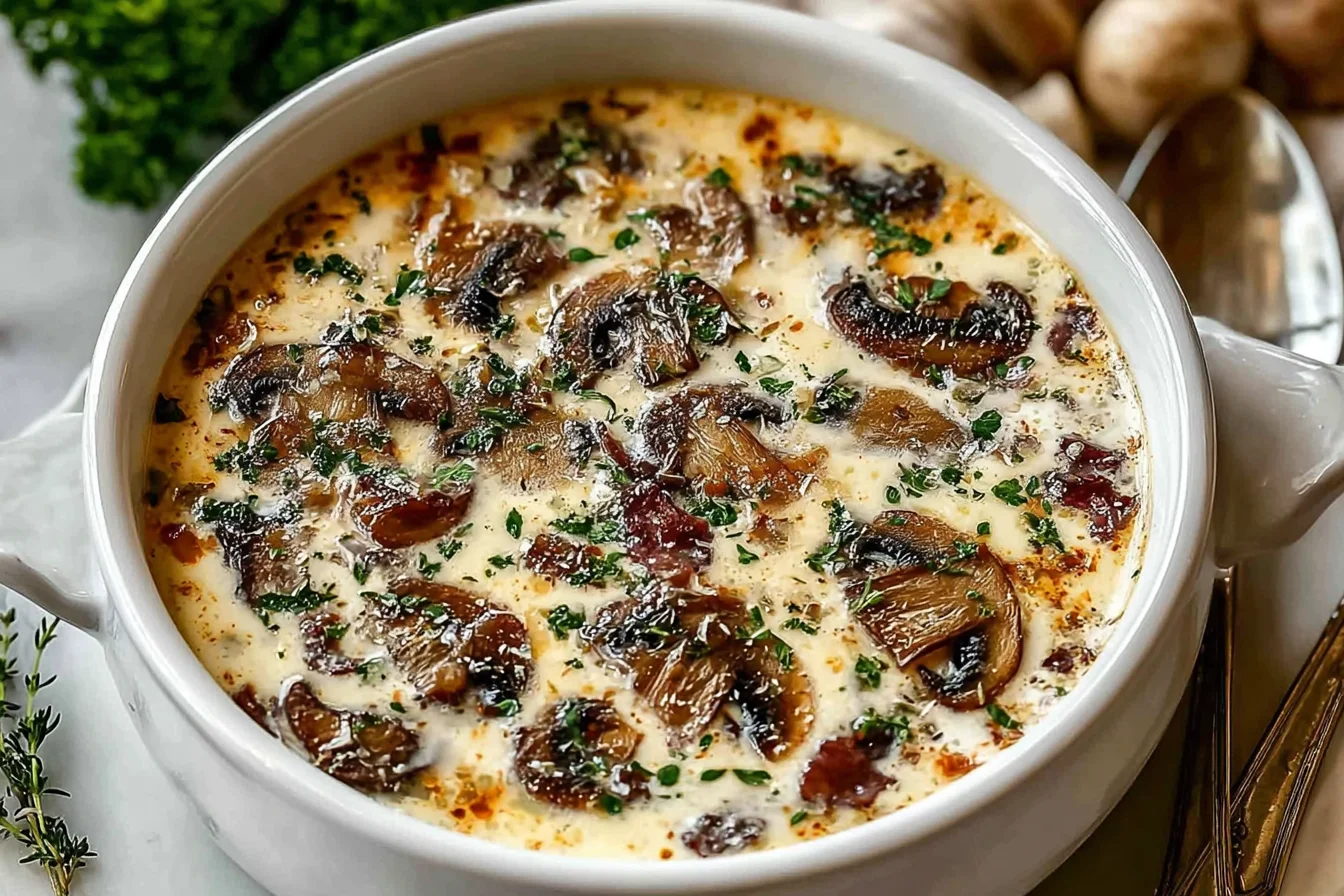Creamy Cottage Cheese Mushroom Soup in a white bowl, topped with sautéed mushrooms, herbs, and a hint of seasoning for a cozy homemade dinner.