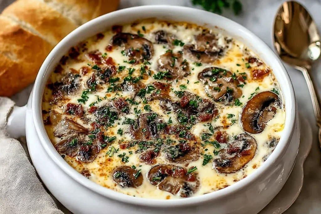Creamy Cottage Cheese Mushroom Soup in a white bowl with browned mushrooms, fresh parsley, and a golden, cozy finish—served with bread on the side.