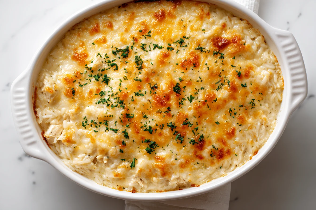 Pioneer Woman Chicken Rice Casserole fresh from the oven, creamy baked chicken and rice topped with golden melted cheese and herbs.