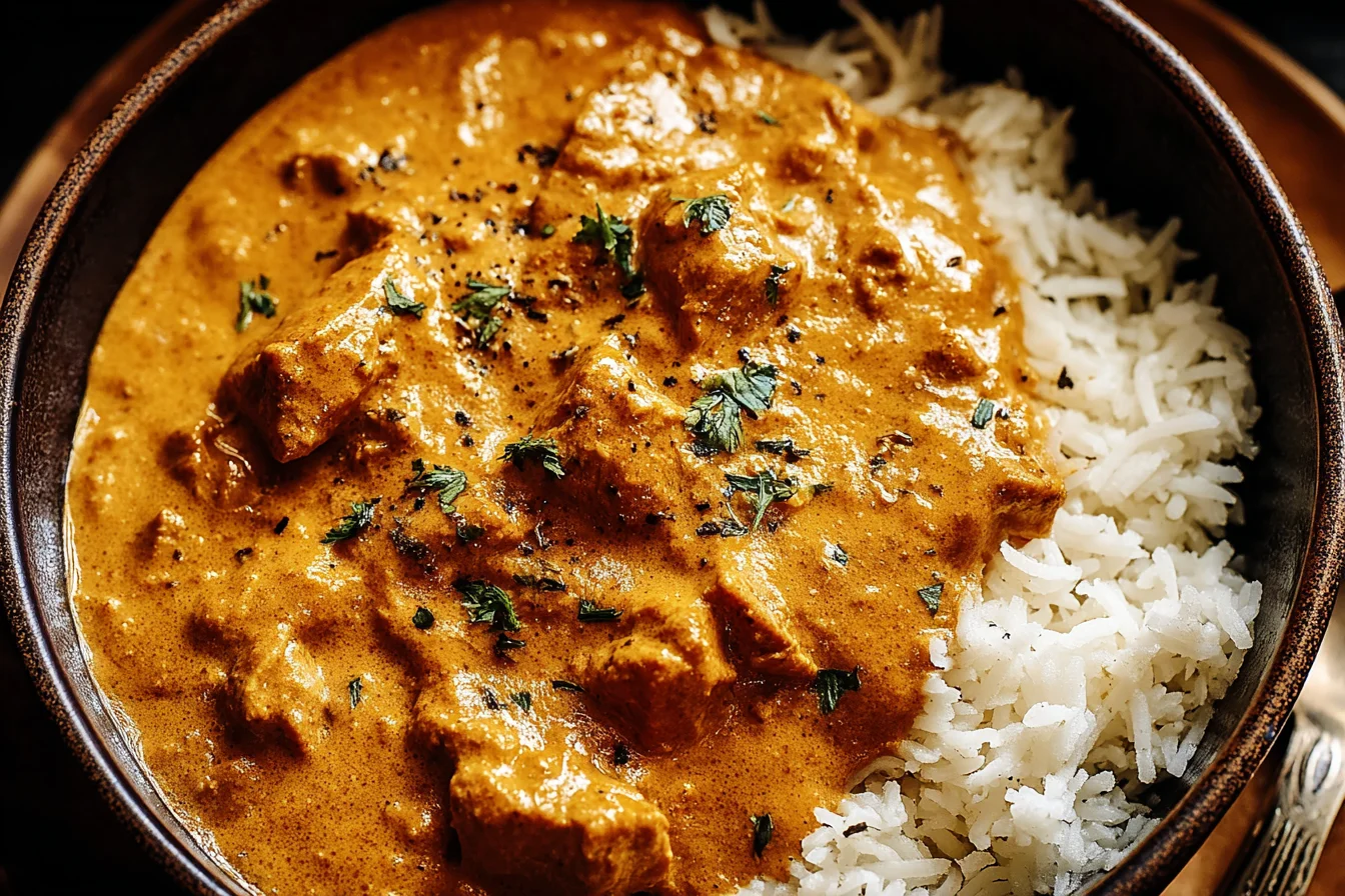 Crockpot Creamy Coconut Chicken Tikka Masala served over fluffy white rice, with a rich creamy coconut sauce and herbs.