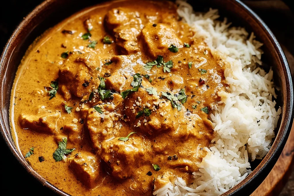 Crockpot Creamy Coconut Chicken Tikka Masala in a bowl with fluffy basmati rice, creamy coconut sauce, and a sprinkle of fresh herbs.