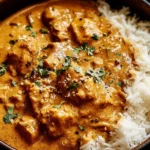 Crockpot Creamy Coconut Chicken Tikka Masala in a bowl with fluffy basmati rice, creamy coconut sauce, and a sprinkle of fresh herbs.