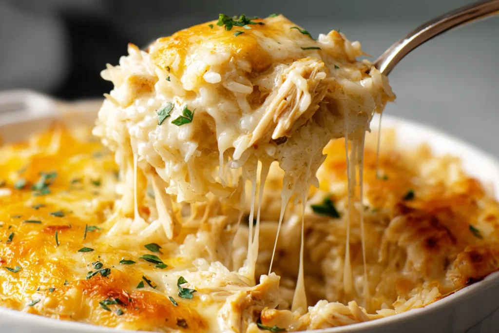 Spoonful of Pioneer Woman Chicken Rice Casserole with creamy rice, tender shredded chicken, and gooey melted cheddar cheese pull.