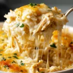 Spoonful of Pioneer Woman Chicken Rice Casserole with creamy rice, tender shredded chicken, and gooey melted cheddar cheese pull.
