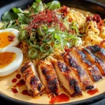 Spicy Fiery Chicken Ramen with Creamy Garlic Sauce topped with sliced grilled chicken, soft-boiled eggs, scallions, and chili oil in a creamy broth.