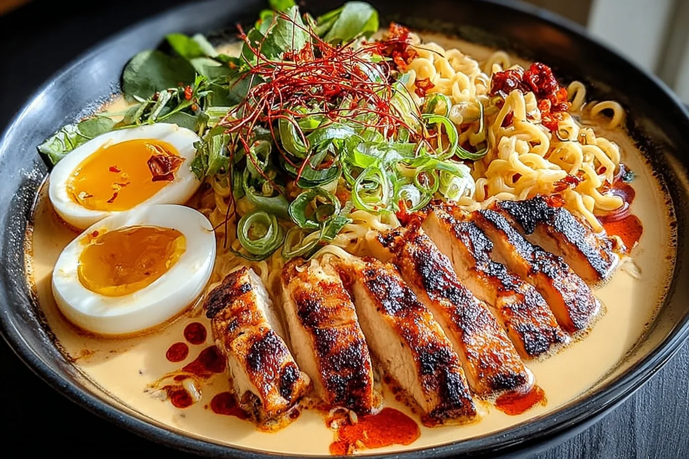 Spicy Fiery Chicken Ramen with Creamy Garlic Sauce topped with sliced grilled chicken, soft-boiled eggs, scallions, and chili oil in a creamy broth.