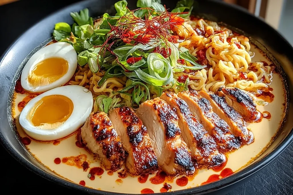 Spicy Fiery Chicken Ramen with Creamy Garlic Sauce in a black bowl with sliced charred chicken, soft-boiled eggs, ramen noodles, scallions, and chili oil.
