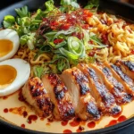 Spicy Fiery Chicken Ramen with Creamy Garlic Sauce in a black bowl with sliced charred chicken, soft-boiled eggs, ramen noodles, scallions, and chili oil.
