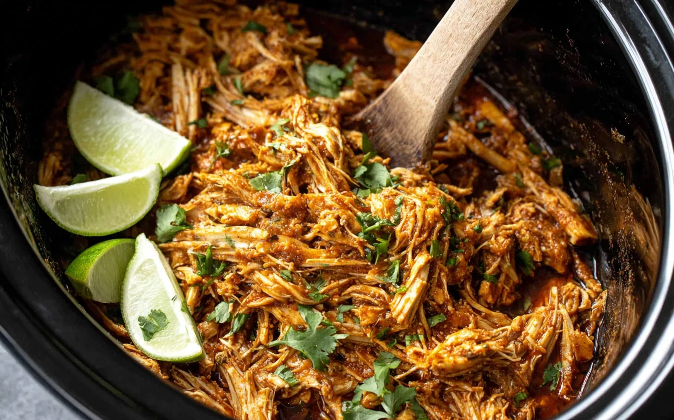 Shredded Cilantro Lime Chicken in the Crockpot Crockpot Cilantro Lime Chicken shredded in the slow cooker with lime wedges, fresh cilantro, and a wooden spoon