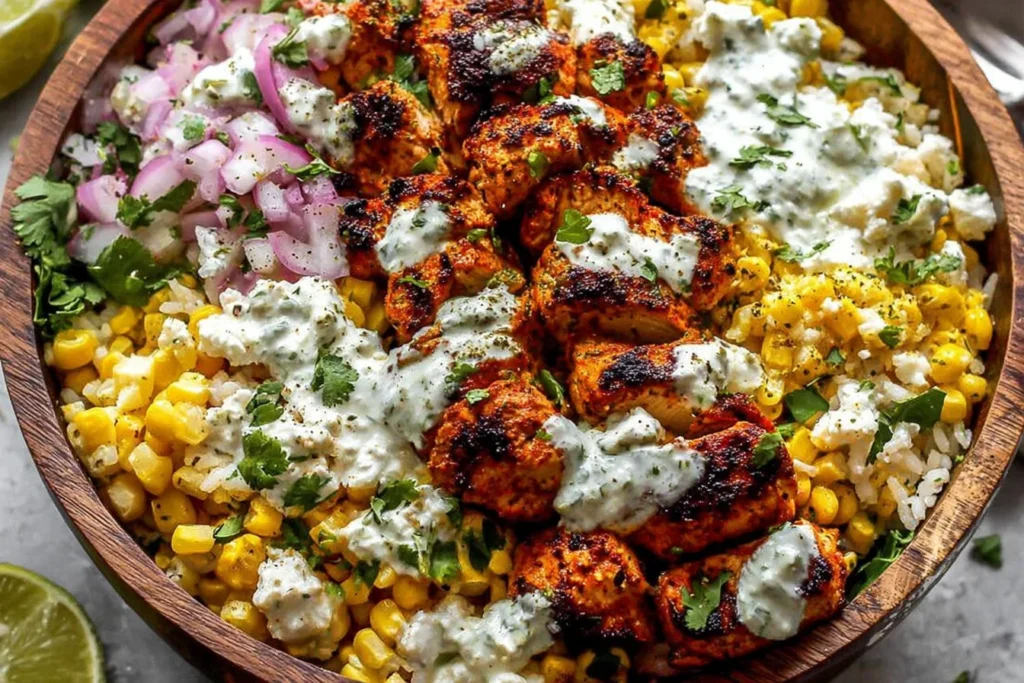 Street Corn Chicken Bowl with charred chili-lime chicken, creamy cotija corn, rice, cilantro, and pickled red onions in a wooden bowl.