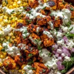 Street Corn Chicken Bowl with lime-chili chicken, creamy street corn, cotija cheese, red onion, cilantro, and rice in a wooden bowl.