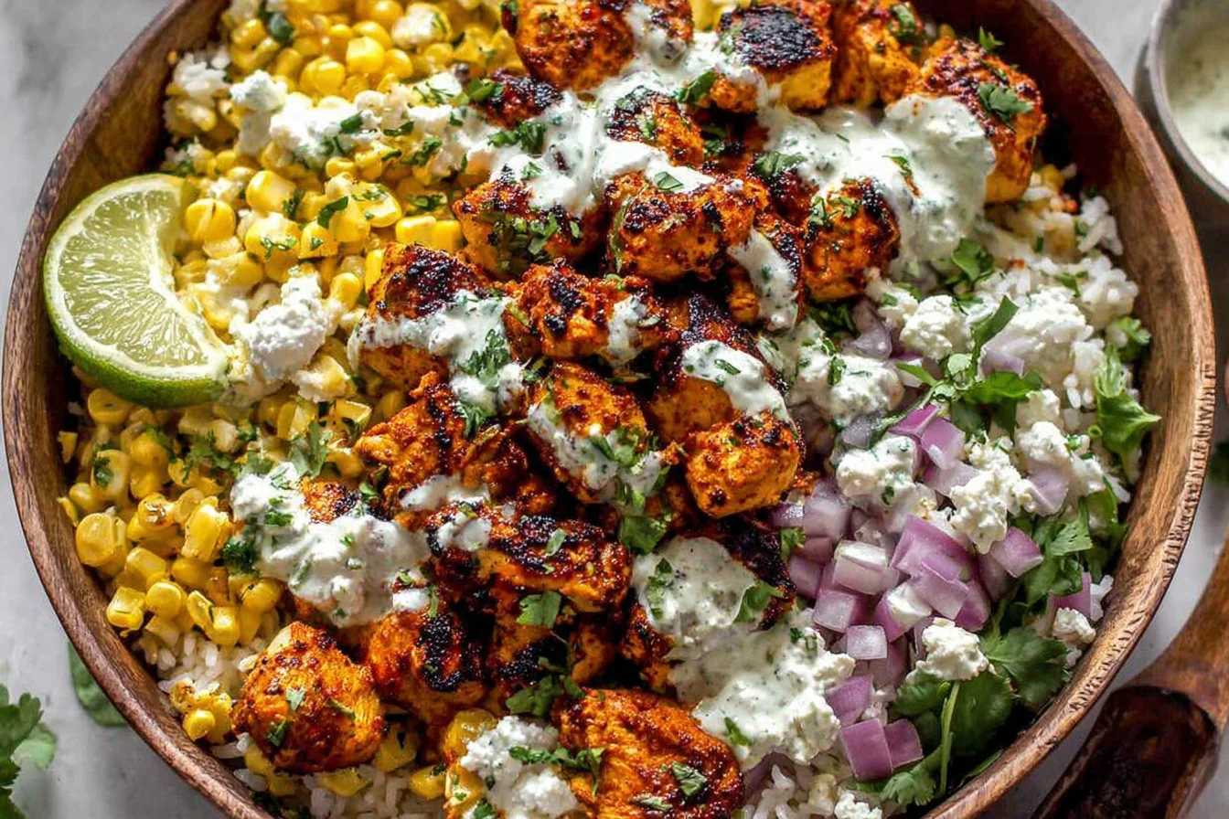 Street Corn Chicken Bowl with lime-chili chicken, creamy street corn, cotija cheese, red onion, cilantro, and rice in a wooden bowl.