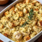 Chicken and Stuffing Bake Recipe in a white casserole dish with golden, buttery stuffing cubes, creamy sauce, and fresh herbs on top.