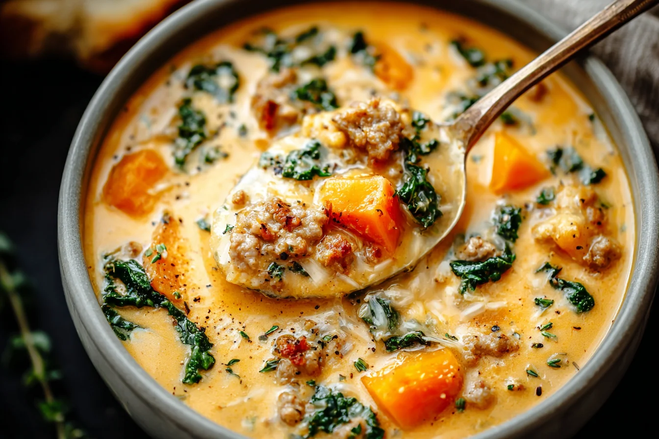 Creamy Sweet Potato and Sausage Soup in a bowl with kale, tender sweet potato chunks, and savory sausage in a rich, creamy broth.