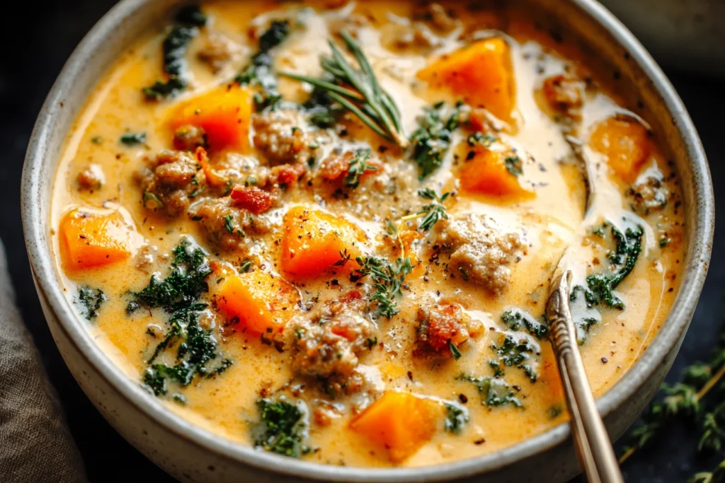 Creamy Sweet Potato and Sausage Soup topped with herbs, with sweet potato chunks, sausage crumbles, and greens in a creamy, golden broth.