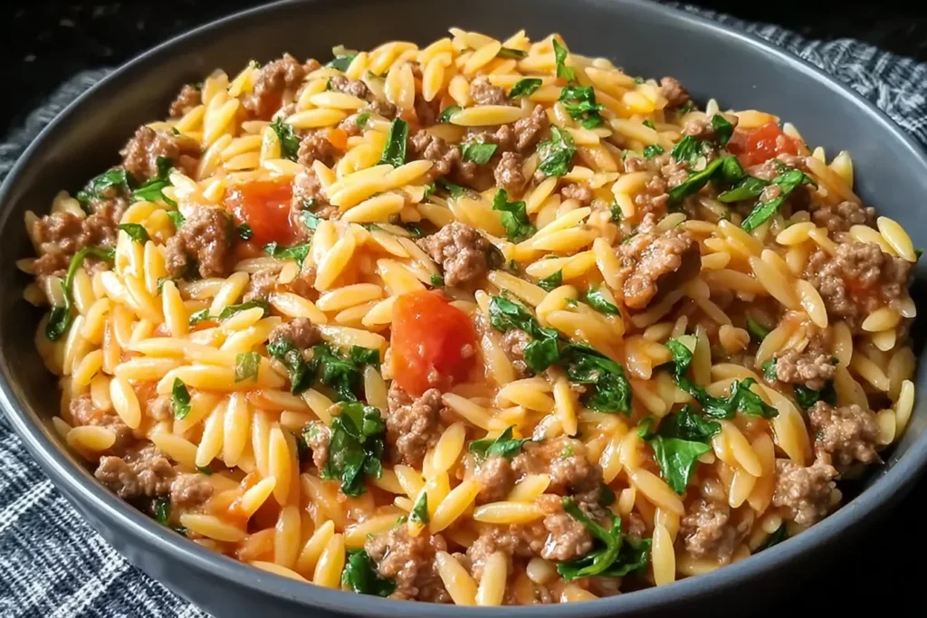Quick Ground Turkey Orzo Recipe served in a gray bowl with tender orzo, browned ground turkey, juicy tomatoes, and spinach.