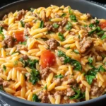 Quick Ground Turkey Orzo Recipe served in a gray bowl with tender orzo, browned ground turkey, juicy tomatoes, and spinach.